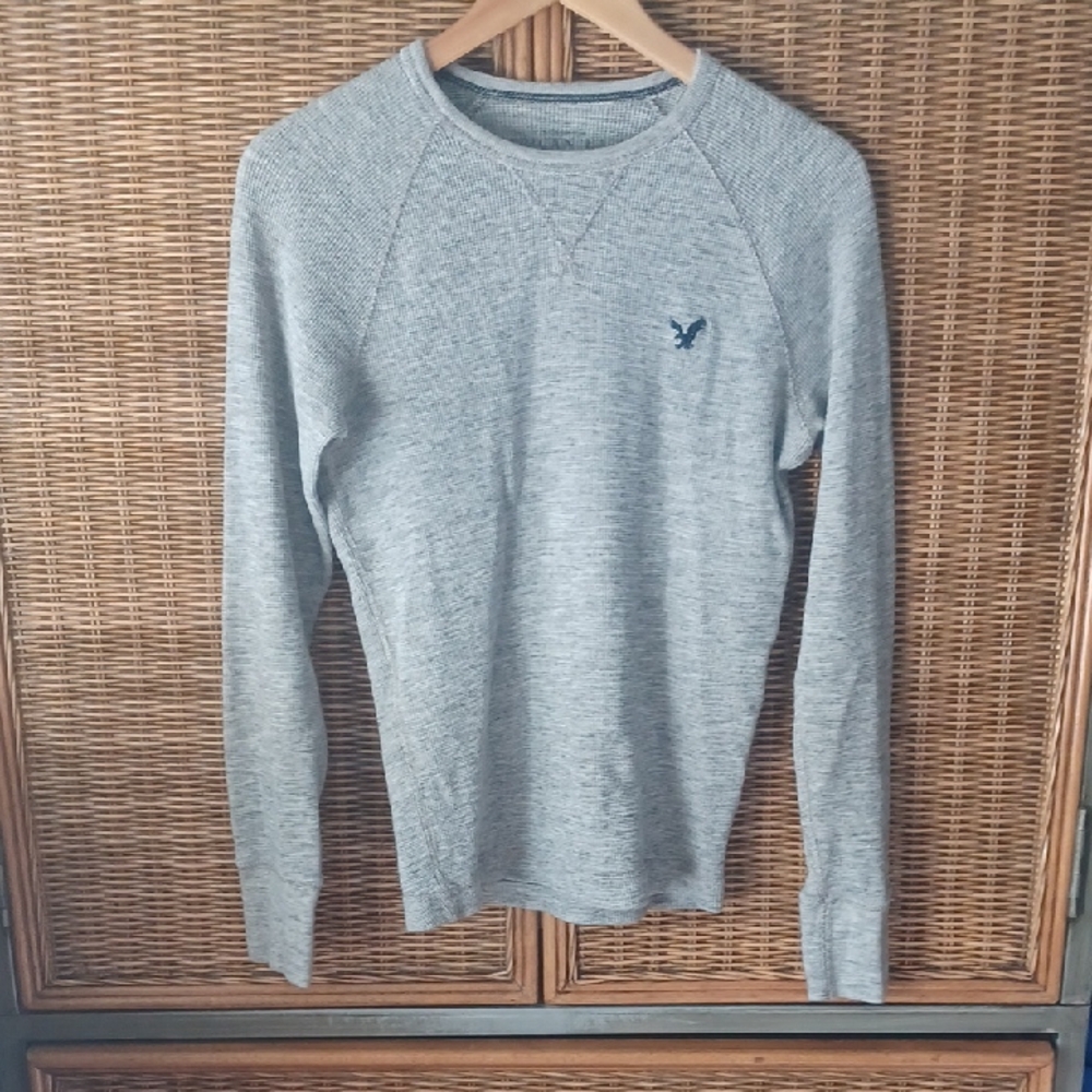 American Eagle Outfitters Mens Waffle Light Gray Long Sleeve Y2K Vintage